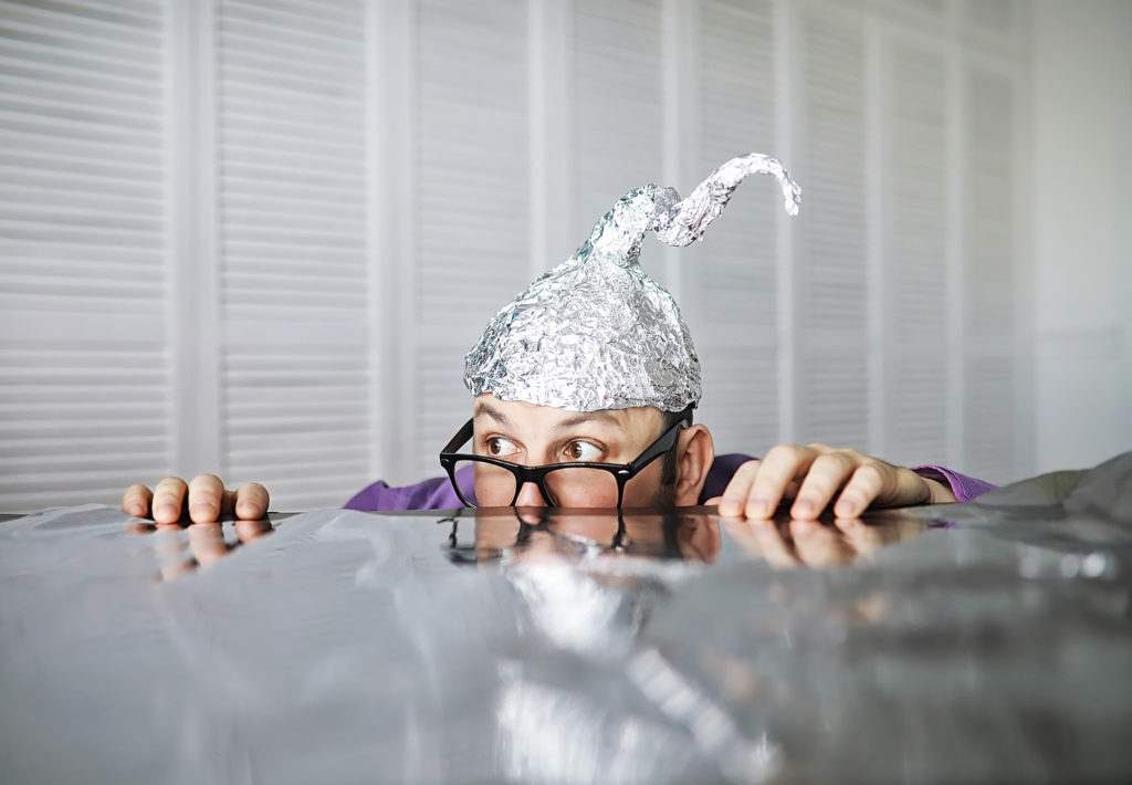 Bearded,funny,man,in,cap,of,aluminum,foil ,concept,art