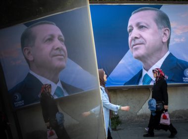 Campaign,displaying,turkish,president,and,people's,alliance's,presidential,candidate,recep