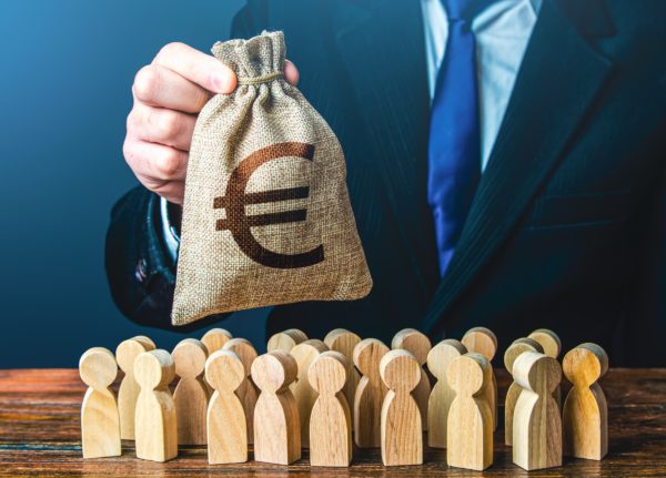 Businessman,holds,out,a,euro,money,bag,to,the,crowd