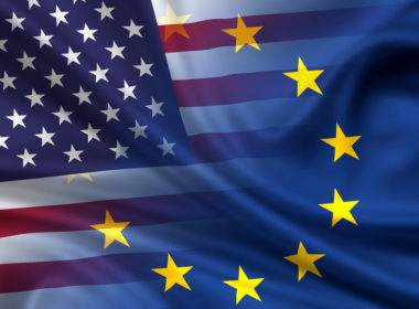 Combined,waving,flags,of,usa,and,eu