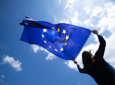 Young,woman,holding,european,union,flag ,voting,,election,concept