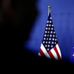 Eu,and,u s,flags,during,a,media,conference,of,u s