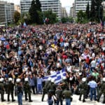 Athens,,greece, may,,05:,protesters,,with,greek,flags,,demonstrate,against