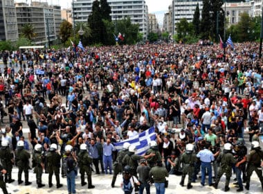 Athens,,greece, may,,05:,protesters,,with,greek,flags,,demonstrate,against