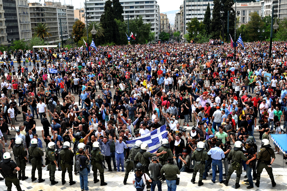 Athens,,greece, may,,05:,protesters,,with,greek,flags,,demonstrate,against