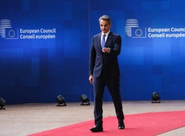 Greece's,prime,minister,kyriakos,mitsotakis,arrives,for,a,european,council