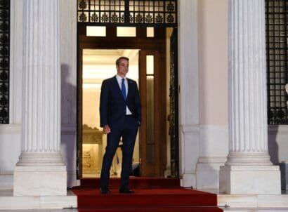 Greece's,prime,minister,kyriakos,mitsotakis,waits,for,a,meeting,at