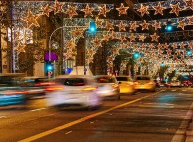City,traffic,avenue,with,christmas,decorations,,athens,,greece