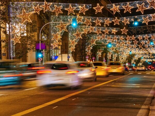 City,traffic,avenue,with,christmas,decorations,,athens,,greece