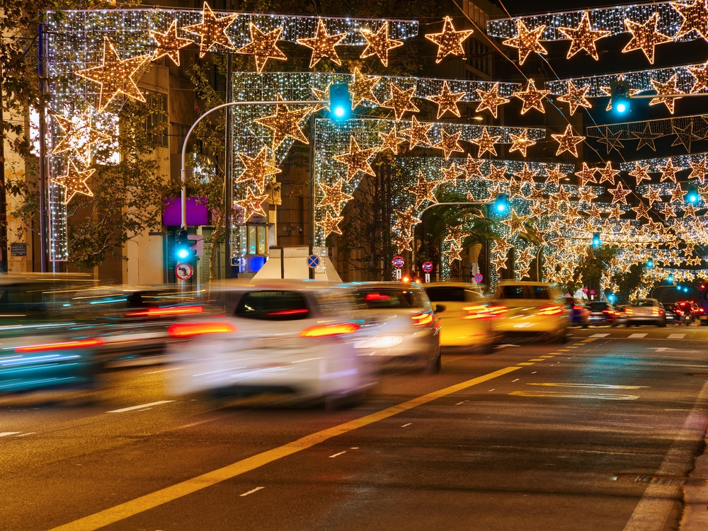 City,traffic,avenue,with,christmas,decorations,,athens,,greece