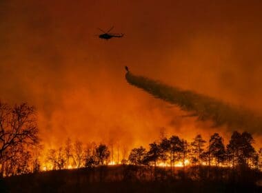 Fire,fighting,helicopter,carry,water,bucket,to,extinguish,the,forest