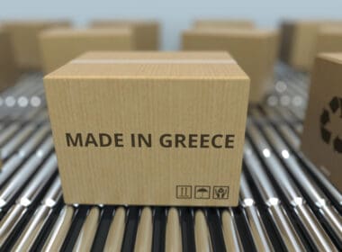 Boxes,with,made,in,greece,text,on,roller,conveyor ,greek