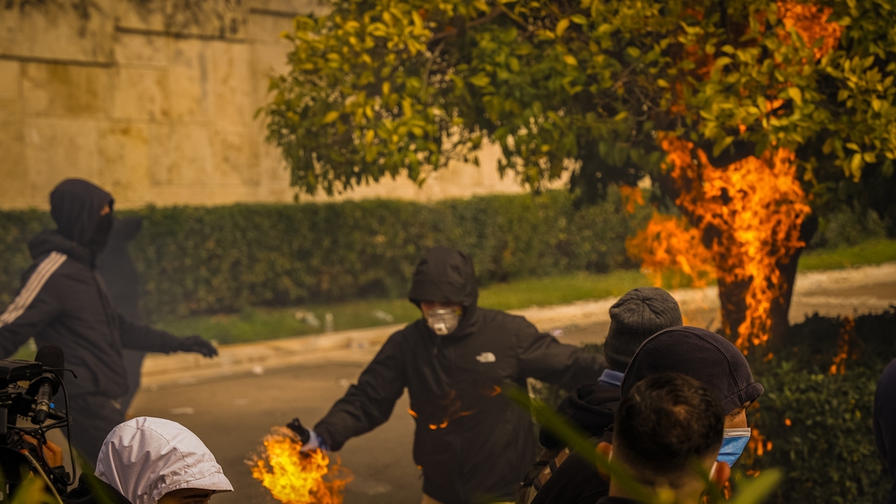 Athens,,greece,,february,28,,2025:,protesters,clash,with,police,during