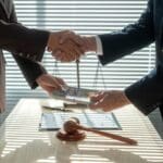 Corrupt,lawyers,shaking,hands,while,exchanging,bribe,money,after,making