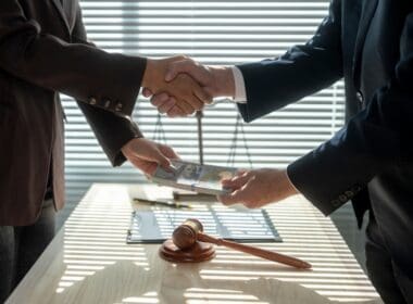 Corrupt,lawyers,shaking,hands,while,exchanging,bribe,money,after,making