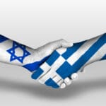Handshake,between,greece,and,israel,flags,painted,on,hands,,illustration