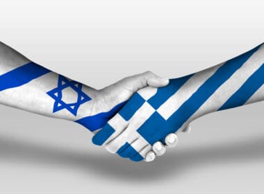 Handshake,between,greece,and,israel,flags,painted,on,hands,,illustration