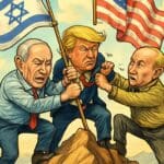 Cartoon,artistic,image,of,netanyahu,,trump,and,putin,,on,a
