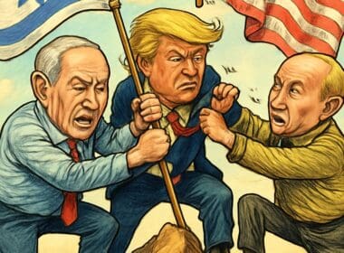 Cartoon,artistic,image,of,netanyahu,,trump,and,putin,,on,a