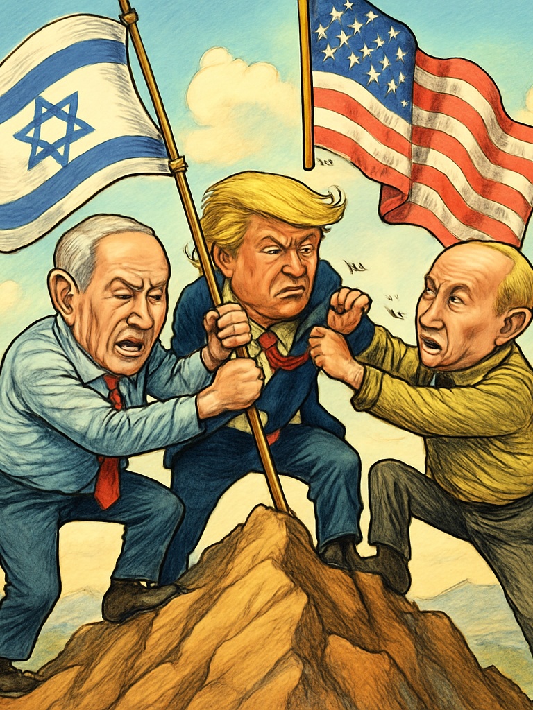 Cartoon,artistic,image,of,netanyahu,,trump,and,putin,,on,a