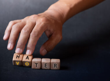 Hand,holding,dice,with,text,for,illustration,of,"voter,and