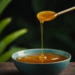 Golden,honey,drizzling,from,spoon,into,blue,bowl