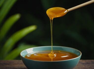 Golden,honey,drizzling,from,spoon,into,blue,bowl