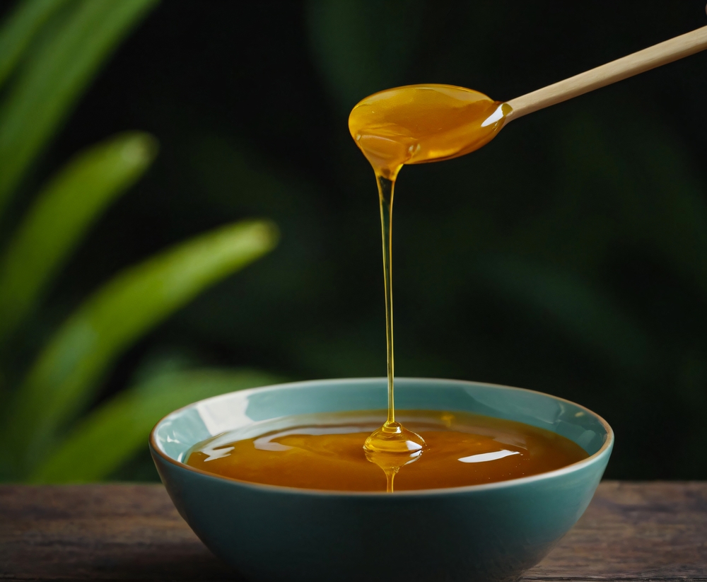 Golden,honey,drizzling,from,spoon,into,blue,bowl
