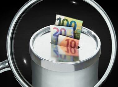 3d,illustration,,magnifying,glass,over,donation,box,with,euro,notes