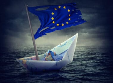 Sinking,euro,ship,with,a,torn,flag ,crisis,concept