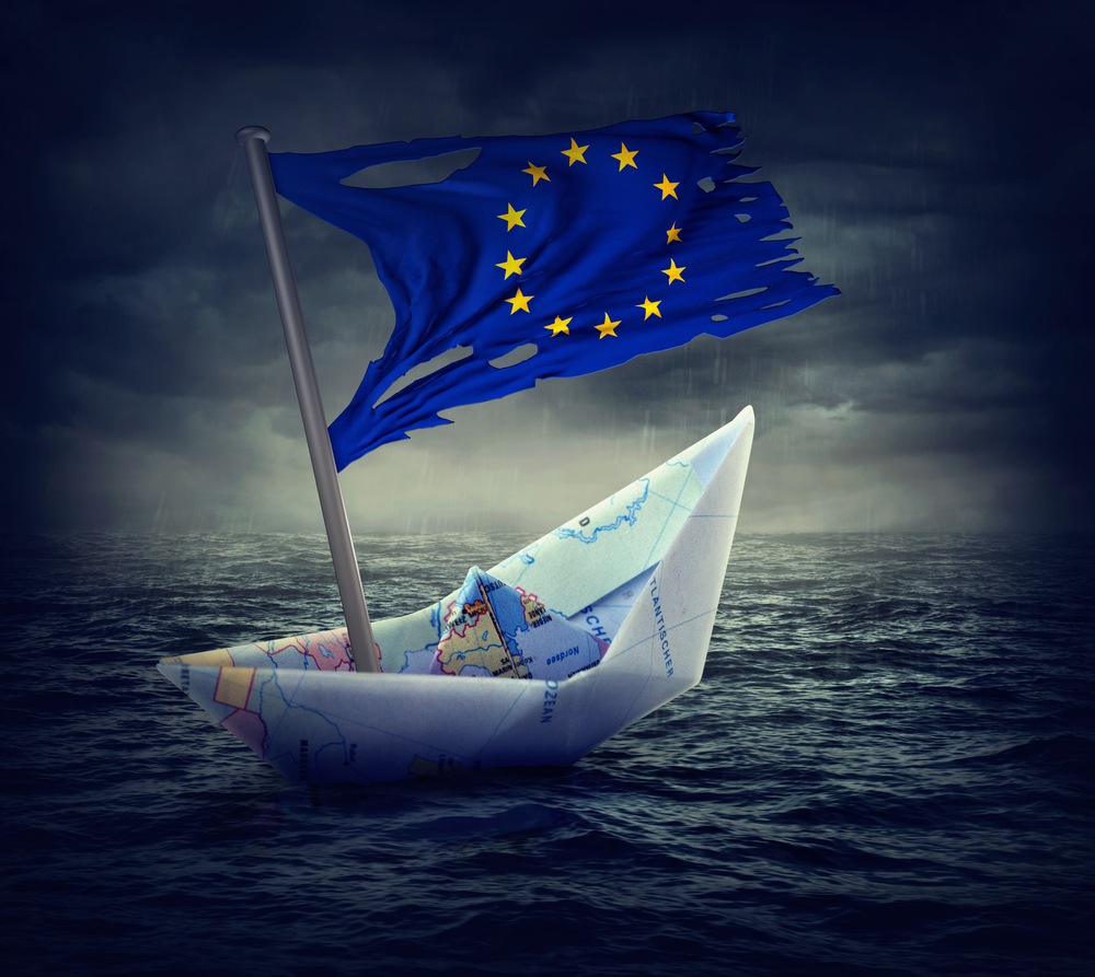 Sinking,euro,ship,with,a,torn,flag ,crisis,concept