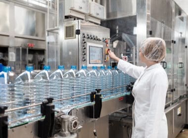 Female,worker,in,factory,checking,robotic,line,for,water,bottling