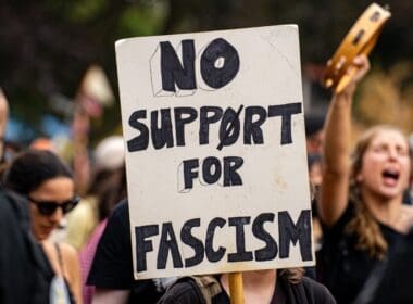 View,of,no,support,for,fascism,banner,at,pro immigrant,rally