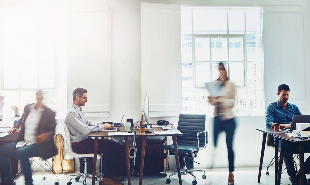 Busy,,motion,blur,and,work,with,business,people,in,office