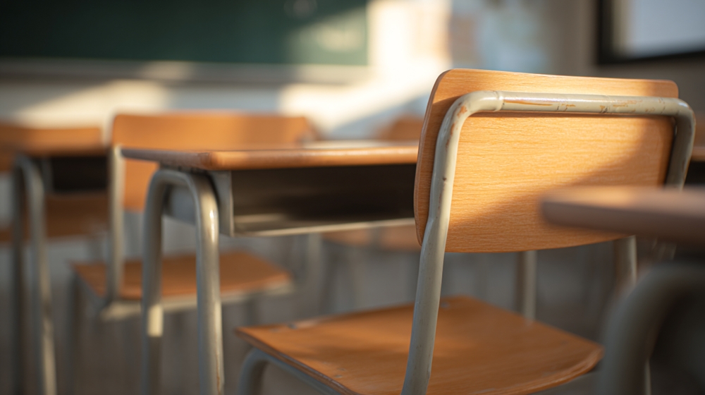Sunlit,wooden,school,desks,and,chairs,in,an,empty,classroom,
