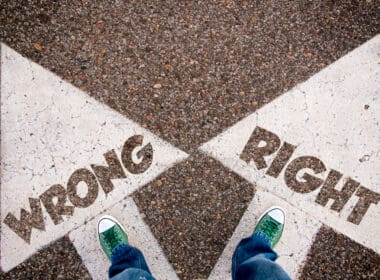 Wrong,and,right,dilemma,concept,with,man,legs,from,above