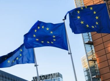 European,flags,in,front,of,the,berlaymont,building,,headquarters,of