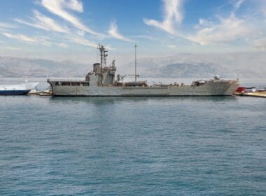 Hellenic,navy,military,tank,landing,ship,moored,in,kerkyra,port
