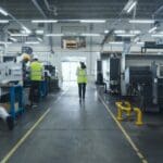 Establishing,shot,of,professional,diverse,employees,working,at,an,industrial