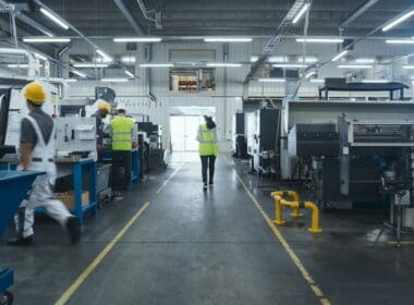 Establishing,shot,of,professional,diverse,employees,working,at,an,industrial