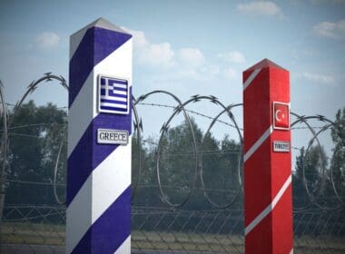 Border,posts,with,flags,of,greece,and,turkiye, ,3d