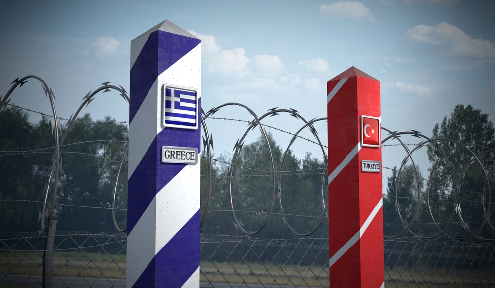 Border,posts,with,flags,of,greece,and,turkiye, ,3d