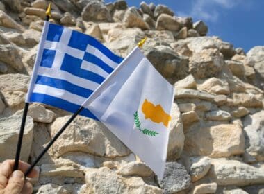 National,flags,of,cyprus,and,greece,in,hand,in,front